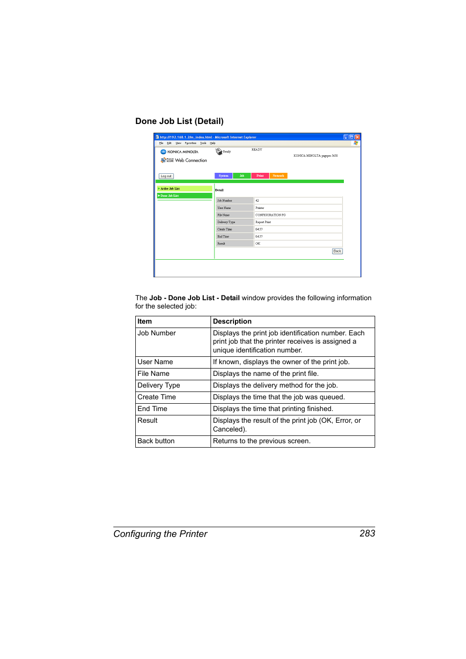 Done job list (detail), Done job list (detail) 283, Configuring the printer 283 | Konica Minolta pagepro 5650 User Manual | Page 301 / 394