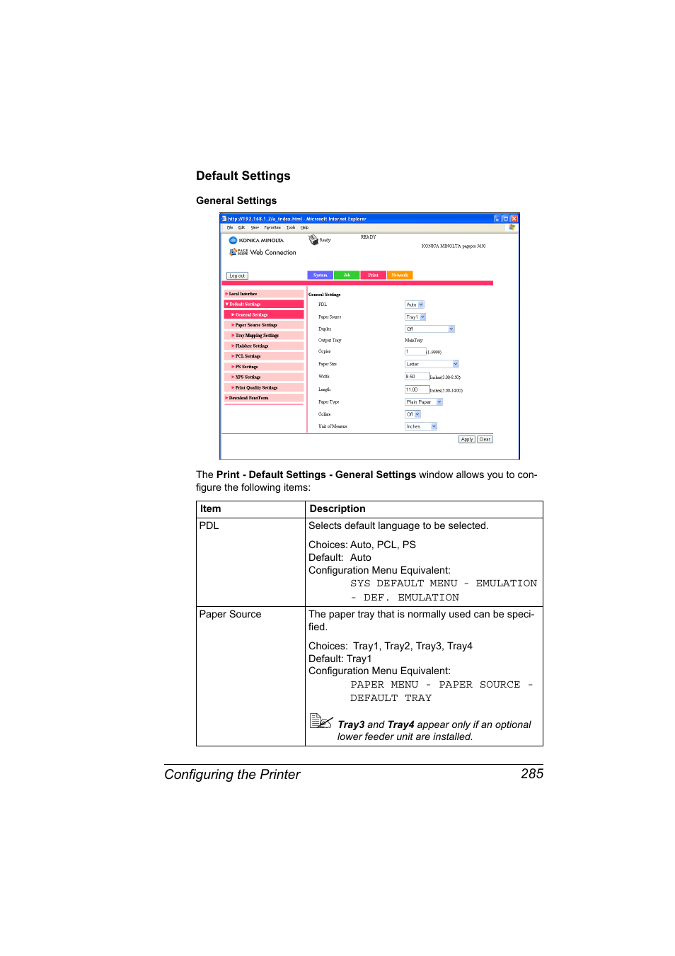 Default settings, Default settings 285 | Konica Minolta pagepro 5650 User Manual | Page 303 / 394