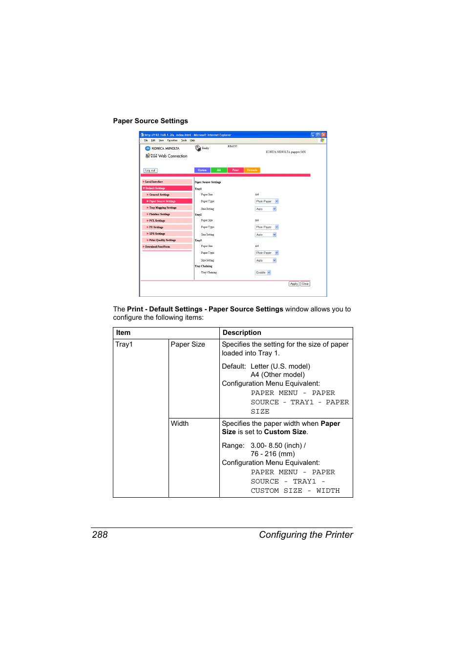 Configuring the printer 288 | Konica Minolta pagepro 5650 User Manual | Page 306 / 394
