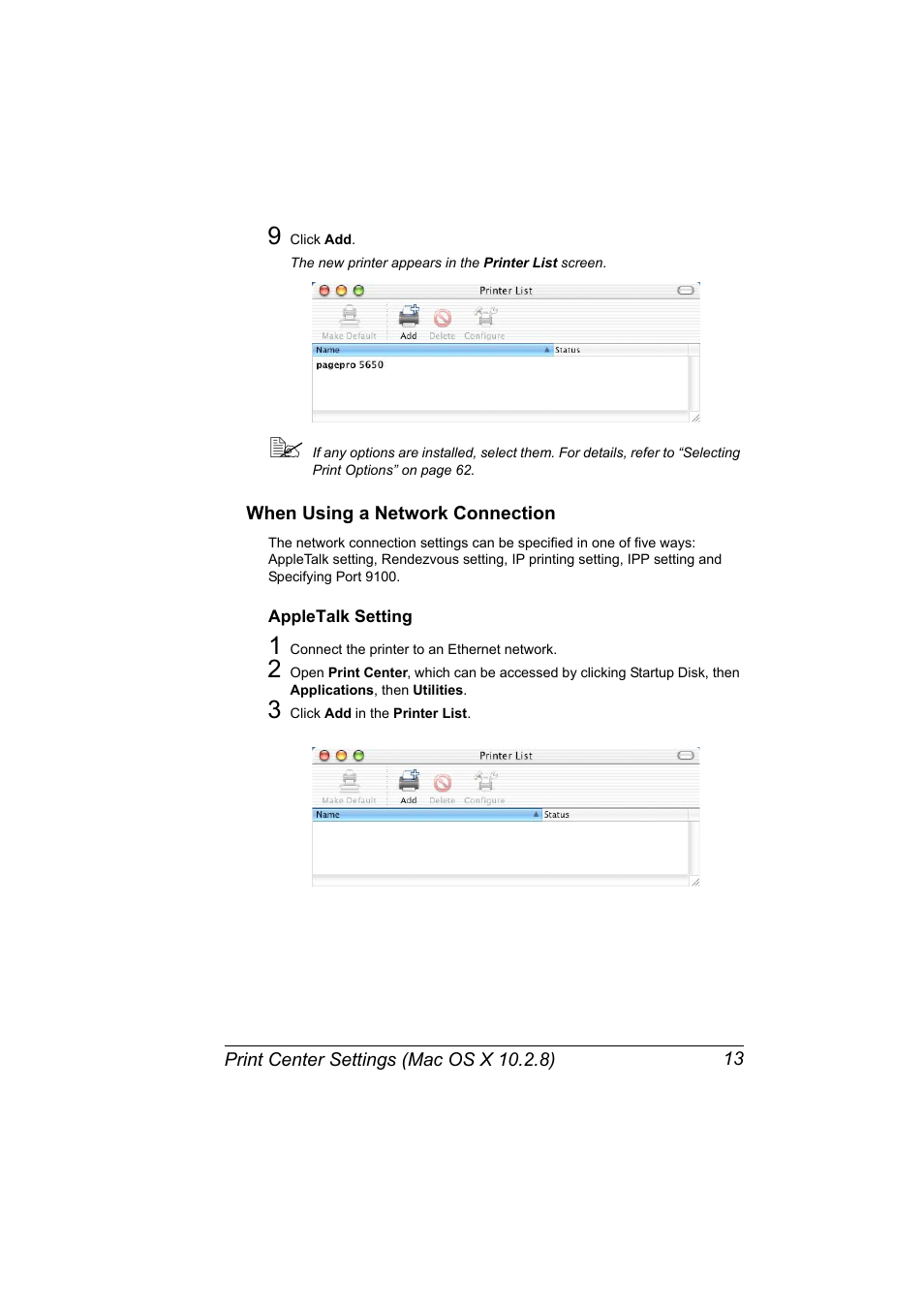 When using a network connection, Appletalk setting, When using a network connection 13 | Appletalk setting 13 | Konica Minolta pagepro 5650 User Manual | Page 31 / 394
