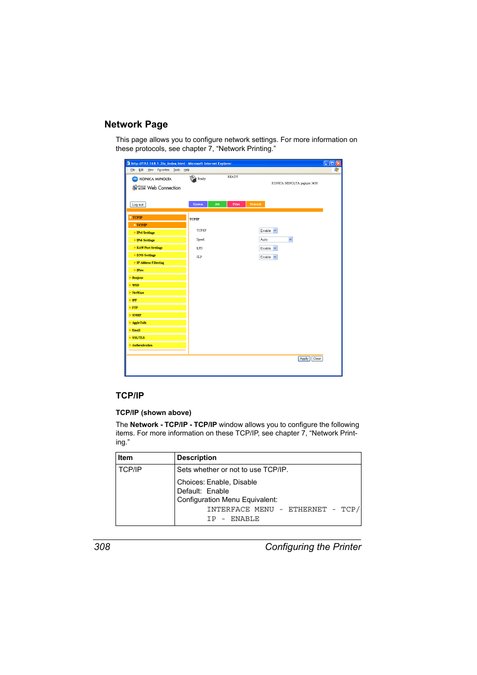 Tcp/ip, Tcp/ip 308, Configuring the printer 308 network page | Konica Minolta pagepro 5650 User Manual | Page 326 / 394