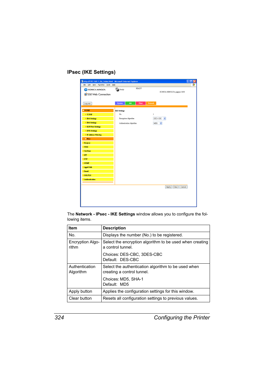 Ipsec (ike settings), Ipsec (ike settings) 324, Configuring the printer 324 | Konica Minolta pagepro 5650 User Manual | Page 342 / 394