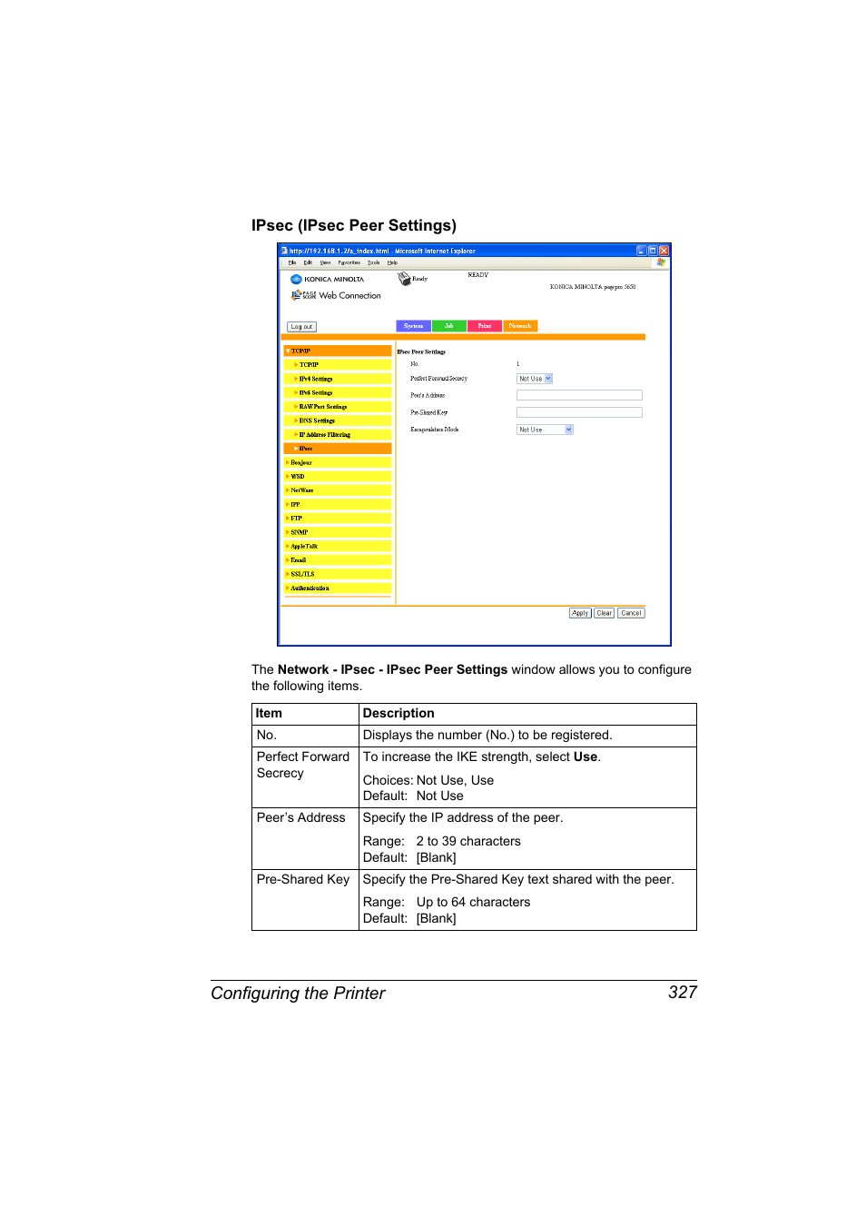 Ipsec (ipsec peer settings), Ipsec (ipsec peer settings) 327, Configuring the printer 327 | Konica Minolta pagepro 5650 User Manual | Page 345 / 394