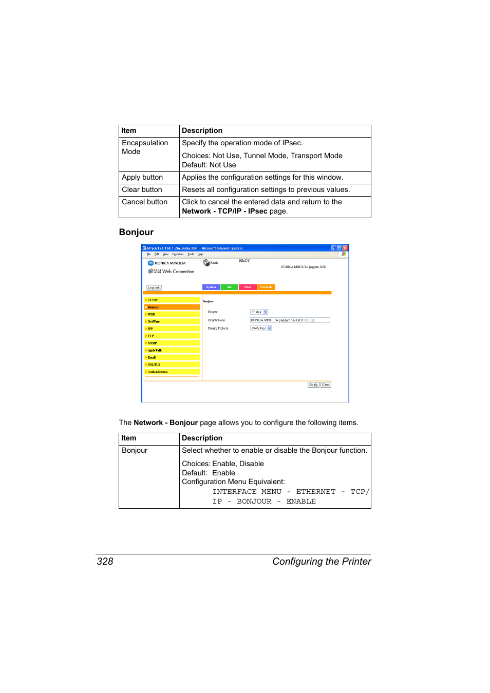 Bonjour, Bonjour 328, Configuring the printer 328 | Konica Minolta pagepro 5650 User Manual | Page 346 / 394