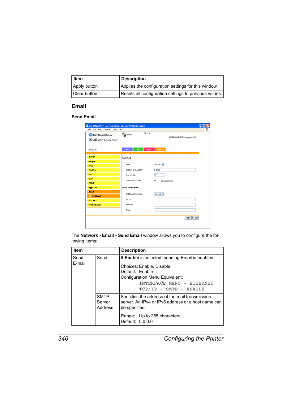 Email, Email 346, Configuring the printer 346 | Konica Minolta pagepro 5650 User Manual | Page 364 / 394