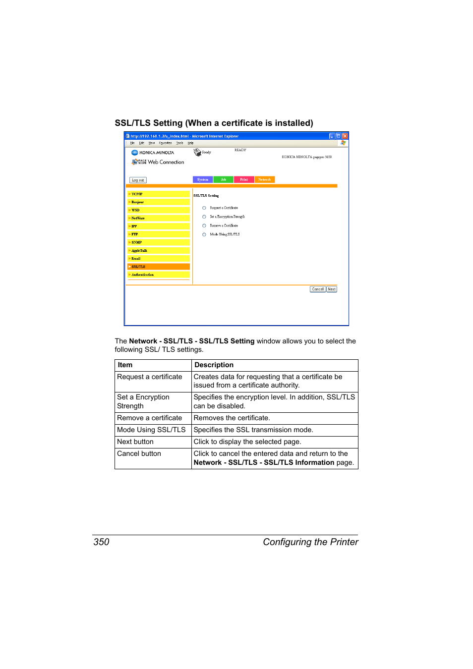 Ssl/tls setting (when a certificate is installed), Configuring the printer 350 | Konica Minolta pagepro 5650 User Manual | Page 368 / 394