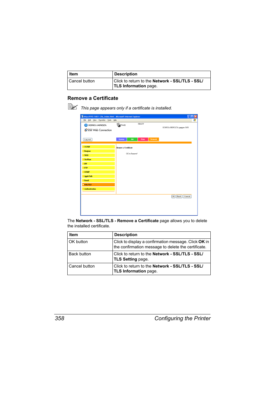 Remove a certificate, Remove a certificate 358, Configuring the printer 358 | Konica Minolta pagepro 5650 User Manual | Page 376 / 394