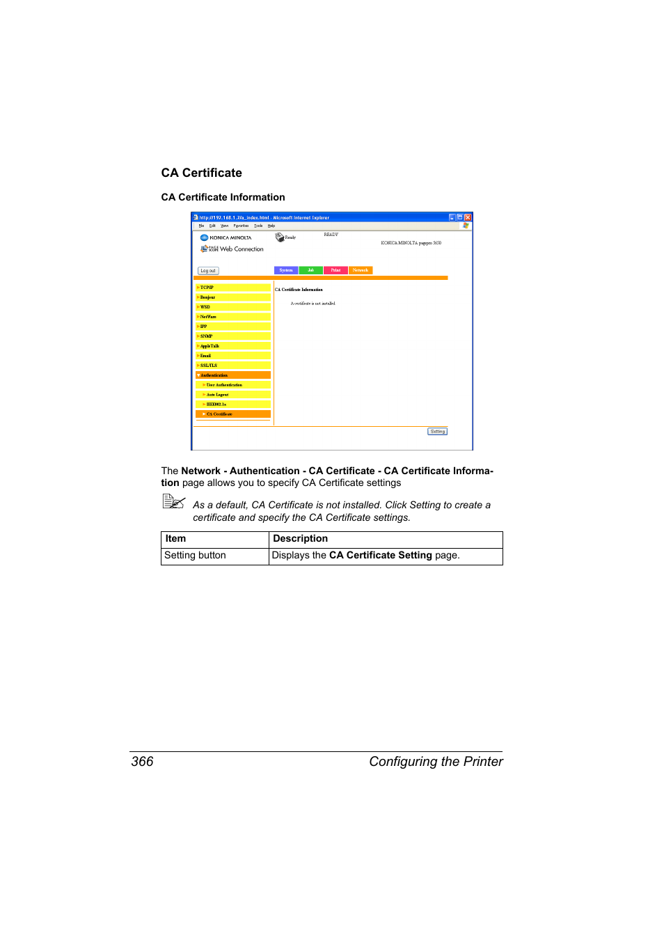 Ca certificate, Ca certificate 366 | Konica Minolta pagepro 5650 User Manual | Page 384 / 394
