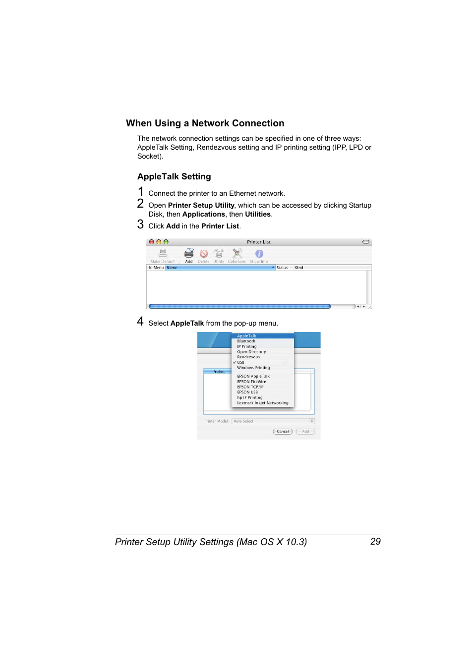When using a network connection, Appletalk setting, When using a network connection 29 | Appletalk setting 29 | Konica Minolta pagepro 5650 User Manual | Page 47 / 394