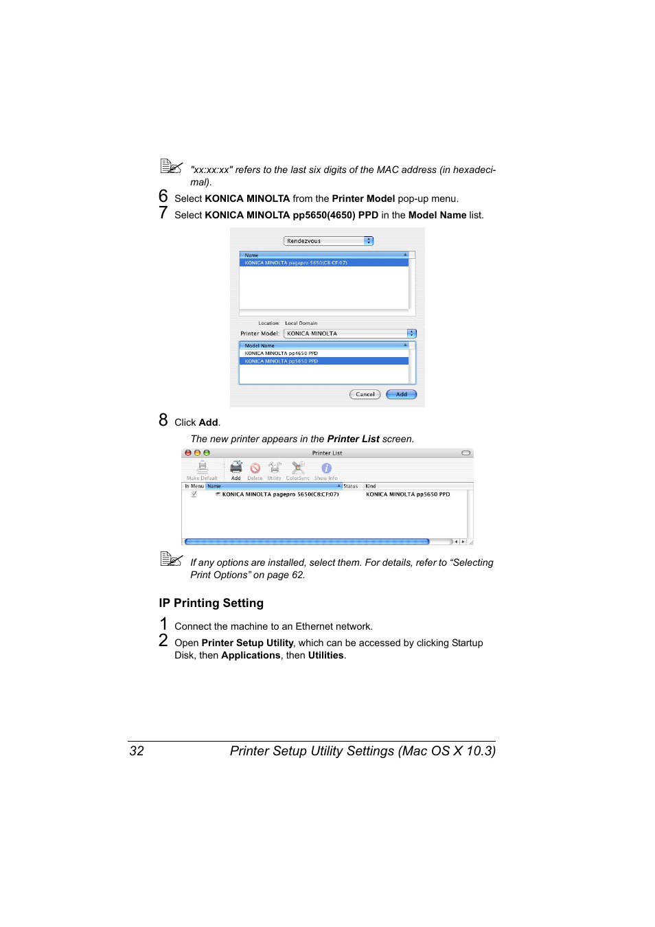 Ip printing setting, Ip printing setting 32 | Konica Minolta pagepro 5650 User Manual | Page 50 / 394