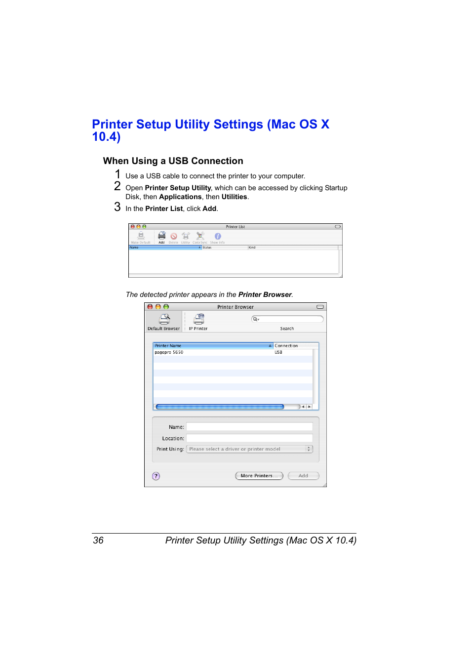 Printer setup utility settings (mac os x 10.4), When using a usb connection, Printer setup utility settings (mac os x 10.4) 36 | When using a usb connection 36 | Konica Minolta pagepro 5650 User Manual | Page 54 / 394
