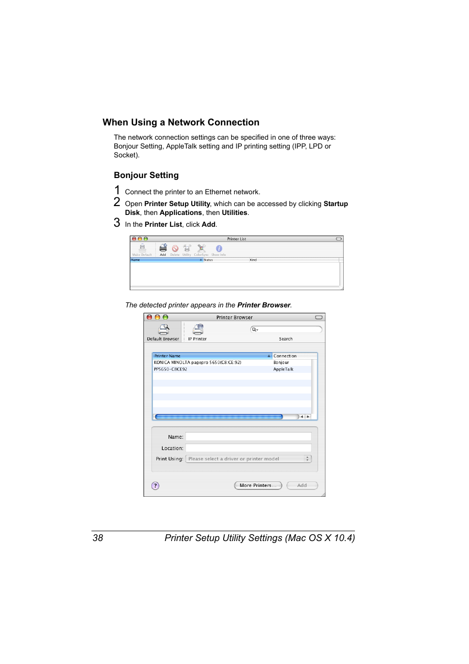 When using a network connection, Bonjour setting, When using a network connection 38 | Bonjour setting 38 | Konica Minolta pagepro 5650 User Manual | Page 56 / 394