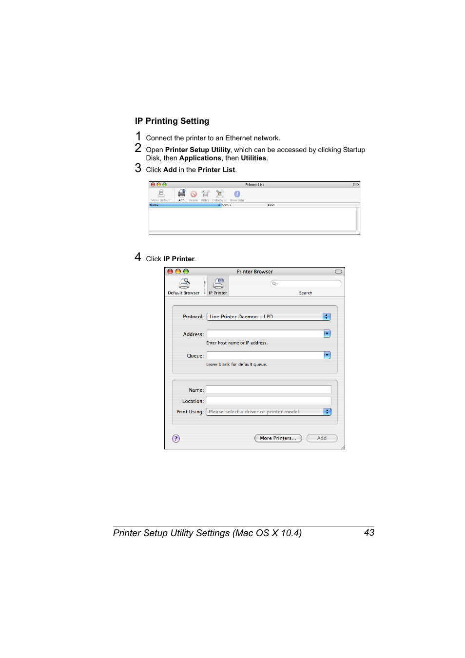 Ip printing setting, Ip printing setting 43 | Konica Minolta pagepro 5650 User Manual | Page 61 / 394