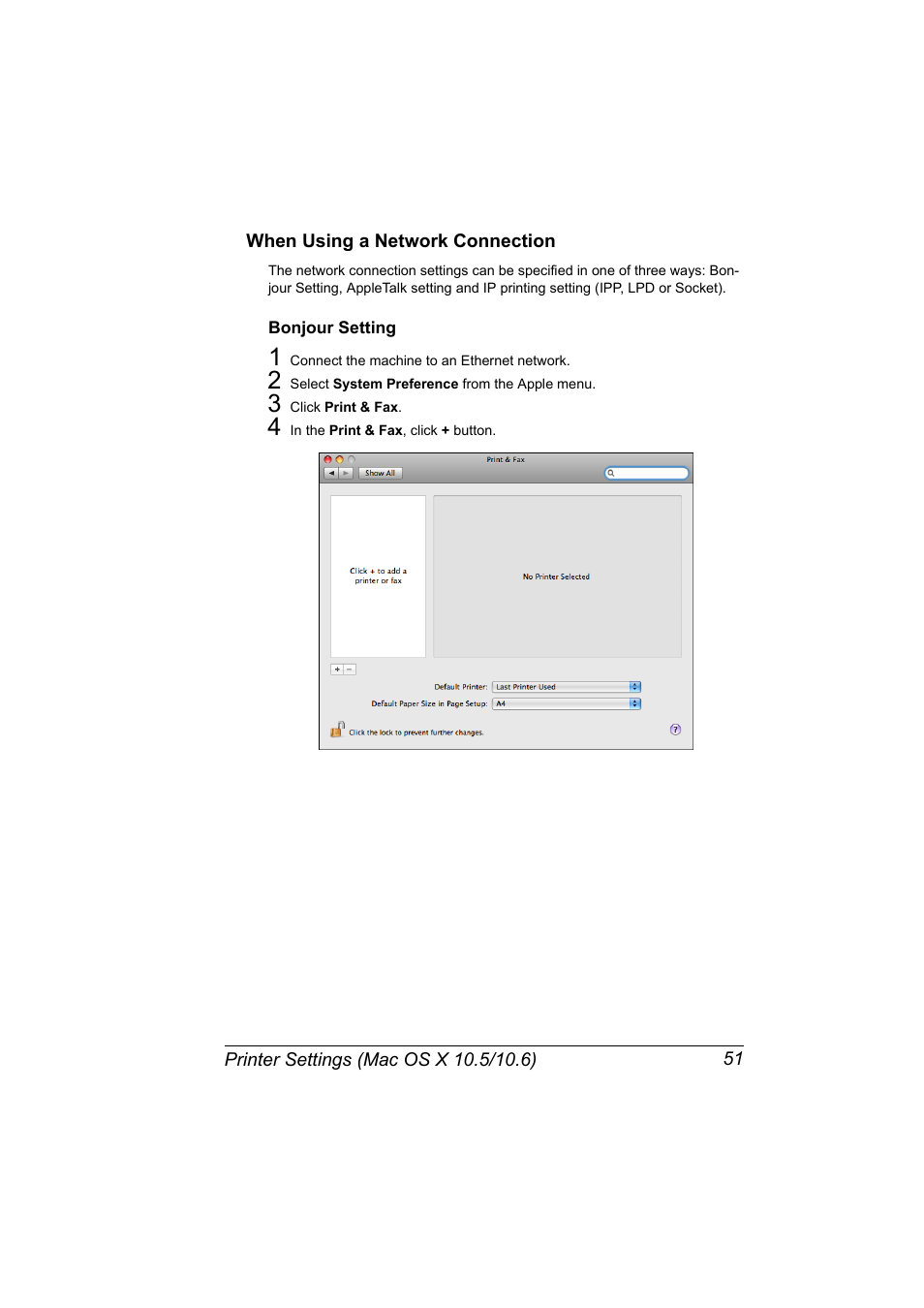 When using a network connection, Bonjour setting, When using a network connection 51 | Bonjour setting 51 | Konica Minolta pagepro 5650 User Manual | Page 69 / 394