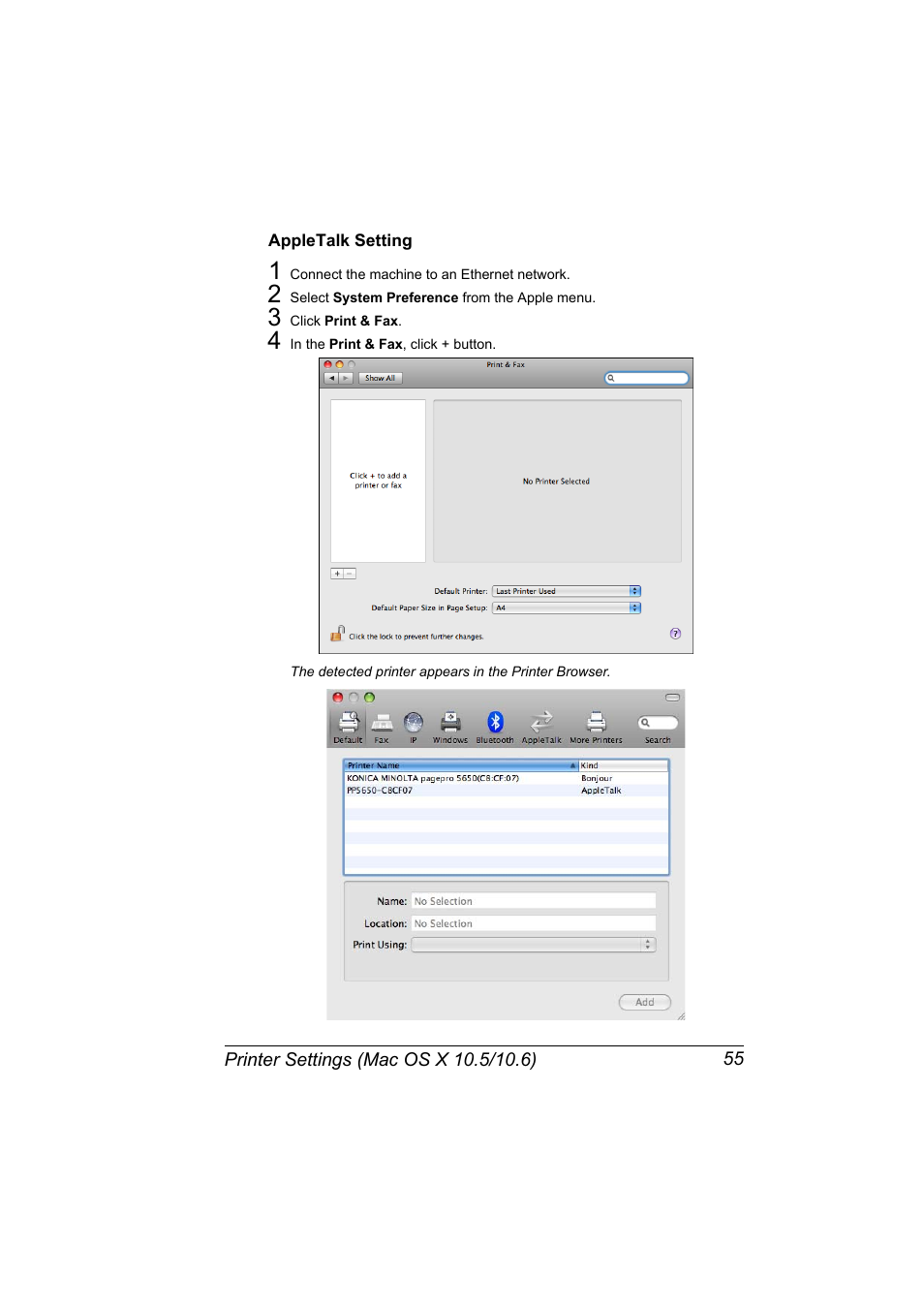 Appletalk setting, Appletalk setting 55 | Konica Minolta pagepro 5650 User Manual | Page 73 / 394