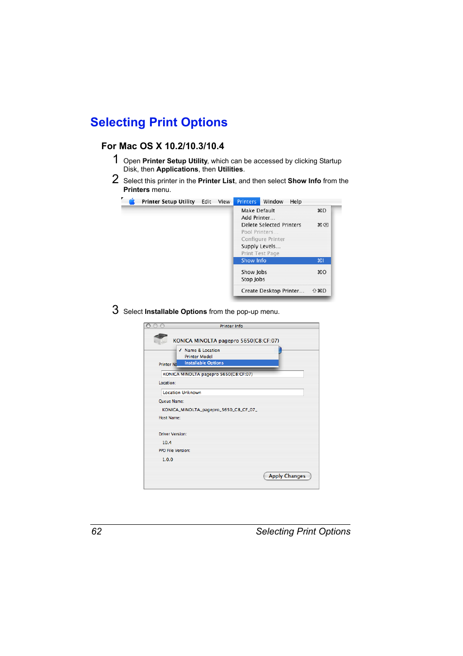 Selecting print options, For mac os x 10.2/10.3/10.4, Selecting print options 62 | For mac os x 10.2/10.3/10.4 62 | Konica Minolta pagepro 5650 User Manual | Page 80 / 394
