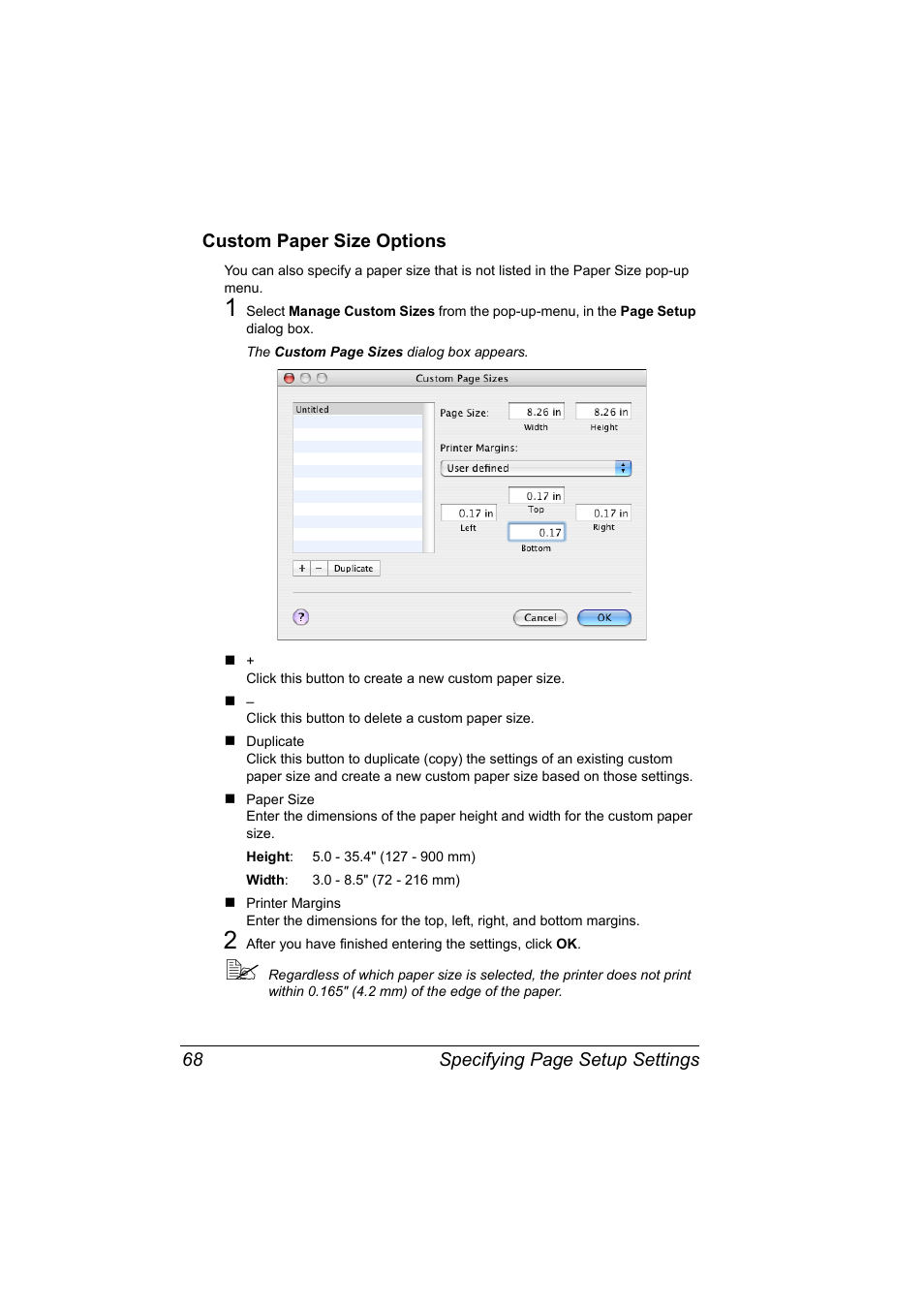 Custom paper size options, Custom paper size options 68 | Konica Minolta pagepro 5650 User Manual | Page 86 / 394