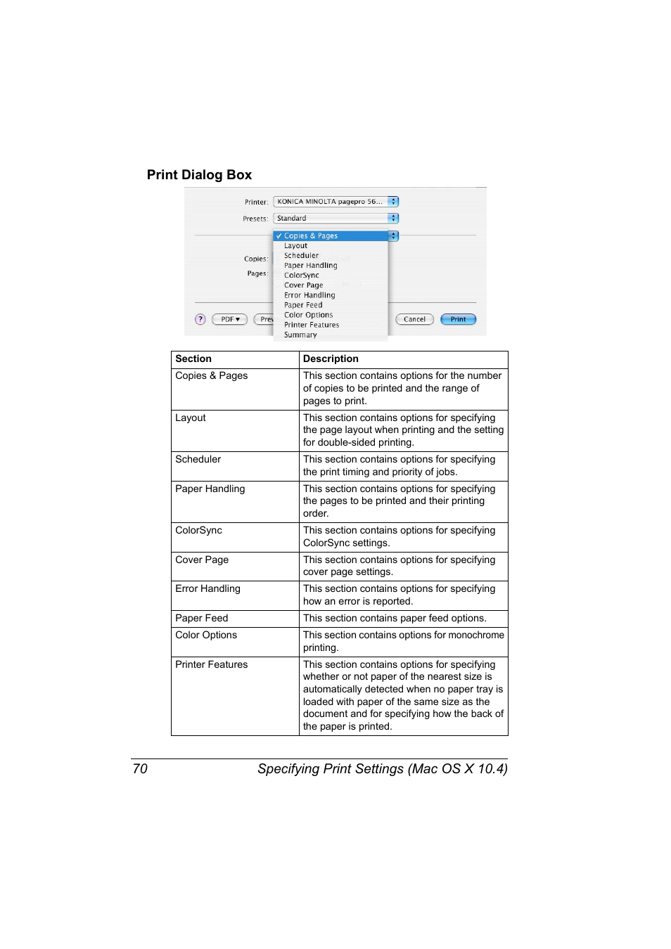 Print dialog box, Print dialog box 70 | Konica Minolta pagepro 5650 User Manual | Page 88 / 394