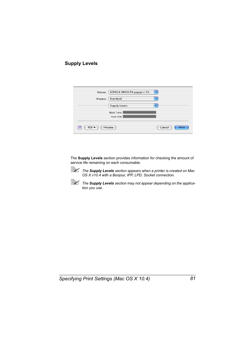 Supply levels, Supply levels 81 | Konica Minolta pagepro 5650 User Manual | Page 99 / 394