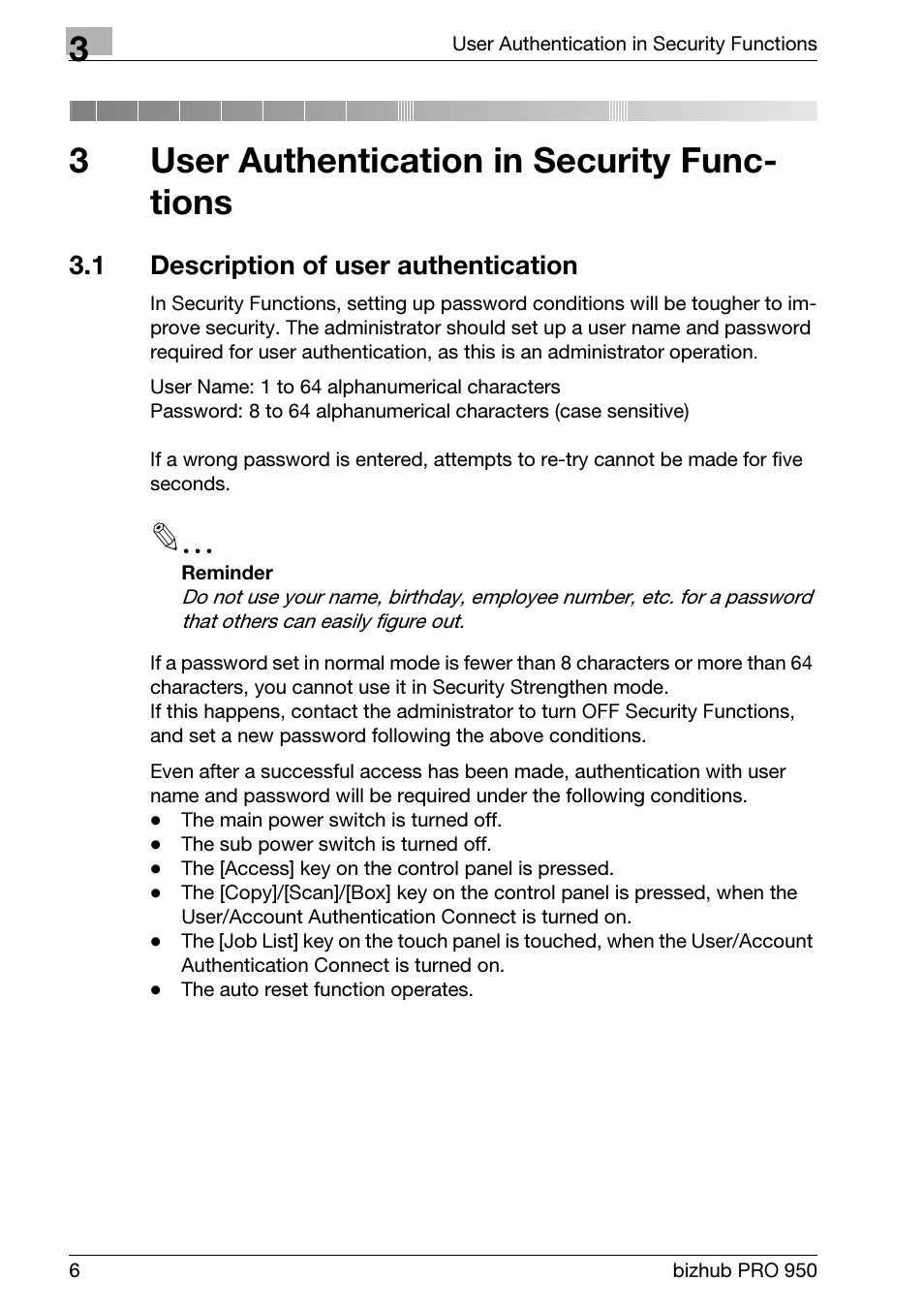 3 user authentication in security functions, 1 description of user authentication, User authentication in security functions | Description of user authentication, 3user authentication in security func- tions | Konica Minolta bizhub PRO 950 User Manual | Page 14 / 82