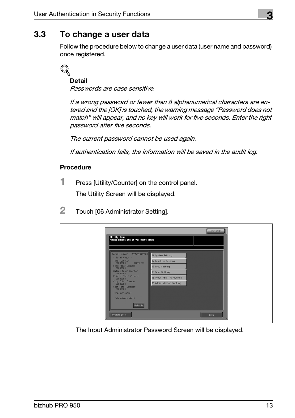 3 to change a user data, To change a user data | Konica Minolta bizhub PRO 950 User Manual | Page 21 / 82