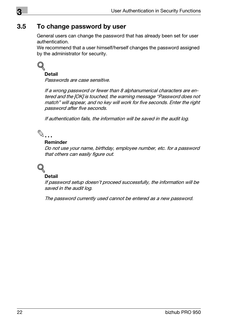 5 to change password by user, To change password by user | Konica Minolta bizhub PRO 950 User Manual | Page 30 / 82