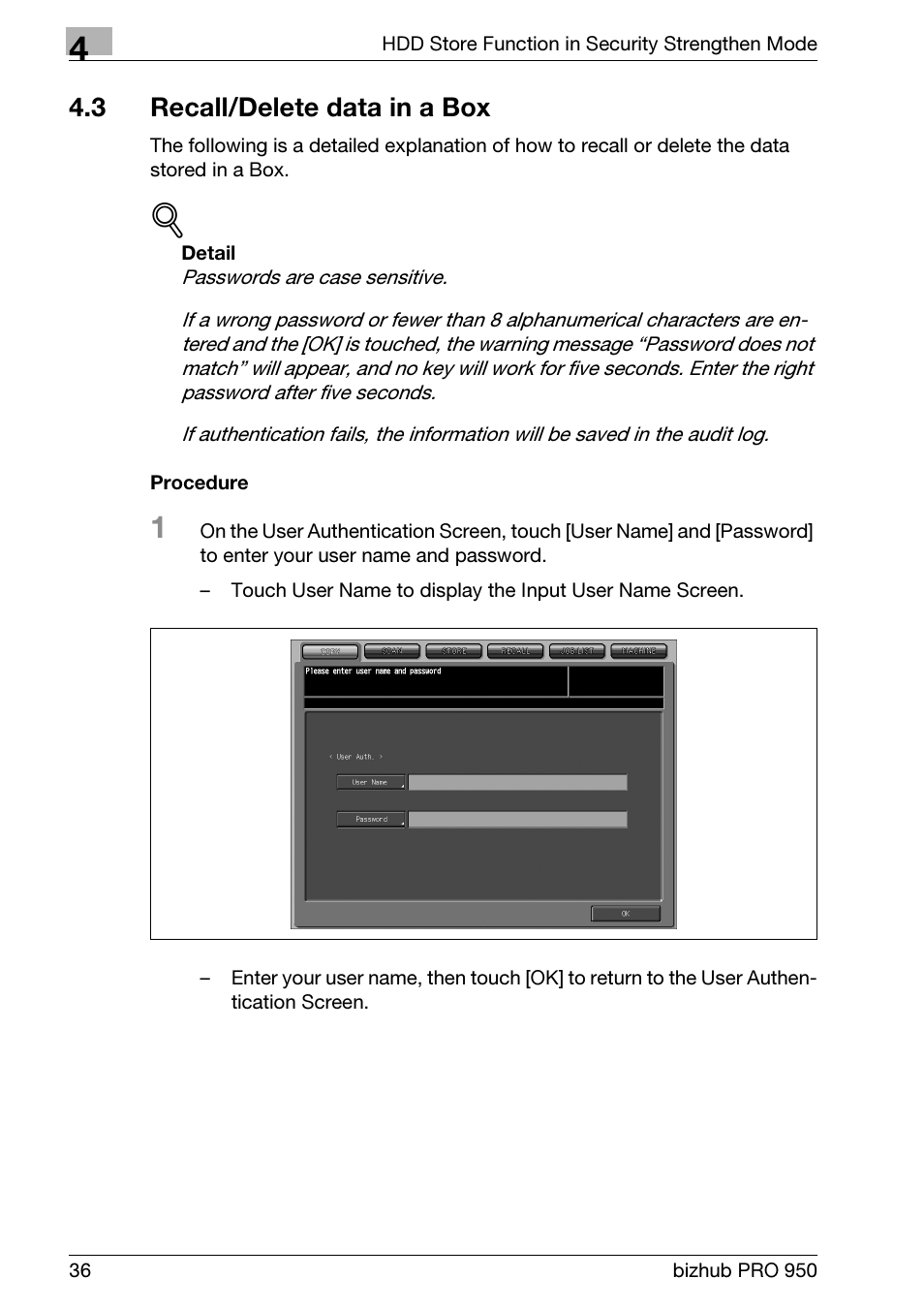 3 recall/delete data in a box, Recall/delete data in a box | Konica Minolta bizhub PRO 950 User Manual | Page 44 / 82