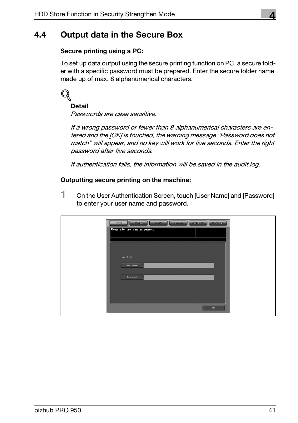 4 output data in the secure box, Output data in the secure box | Konica Minolta bizhub PRO 950 User Manual | Page 49 / 82