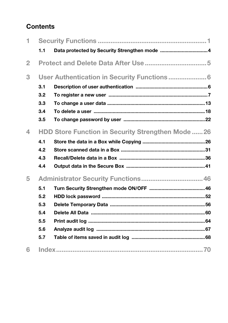 Contents 1 security functions, 4hdd store function in security strengthen mode, 5administrator security functions | 6index | Konica Minolta bizhub PRO 950 User Manual | Page 7 / 82