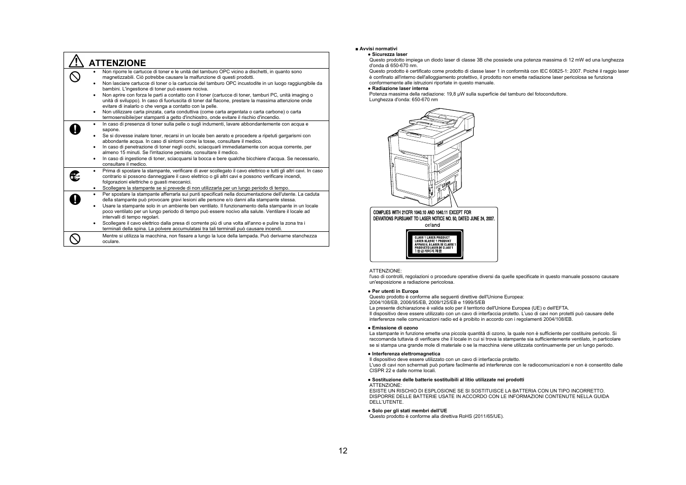 Attenzione | Konica Minolta bizhub 4050 User Manual | Page 13 / 67