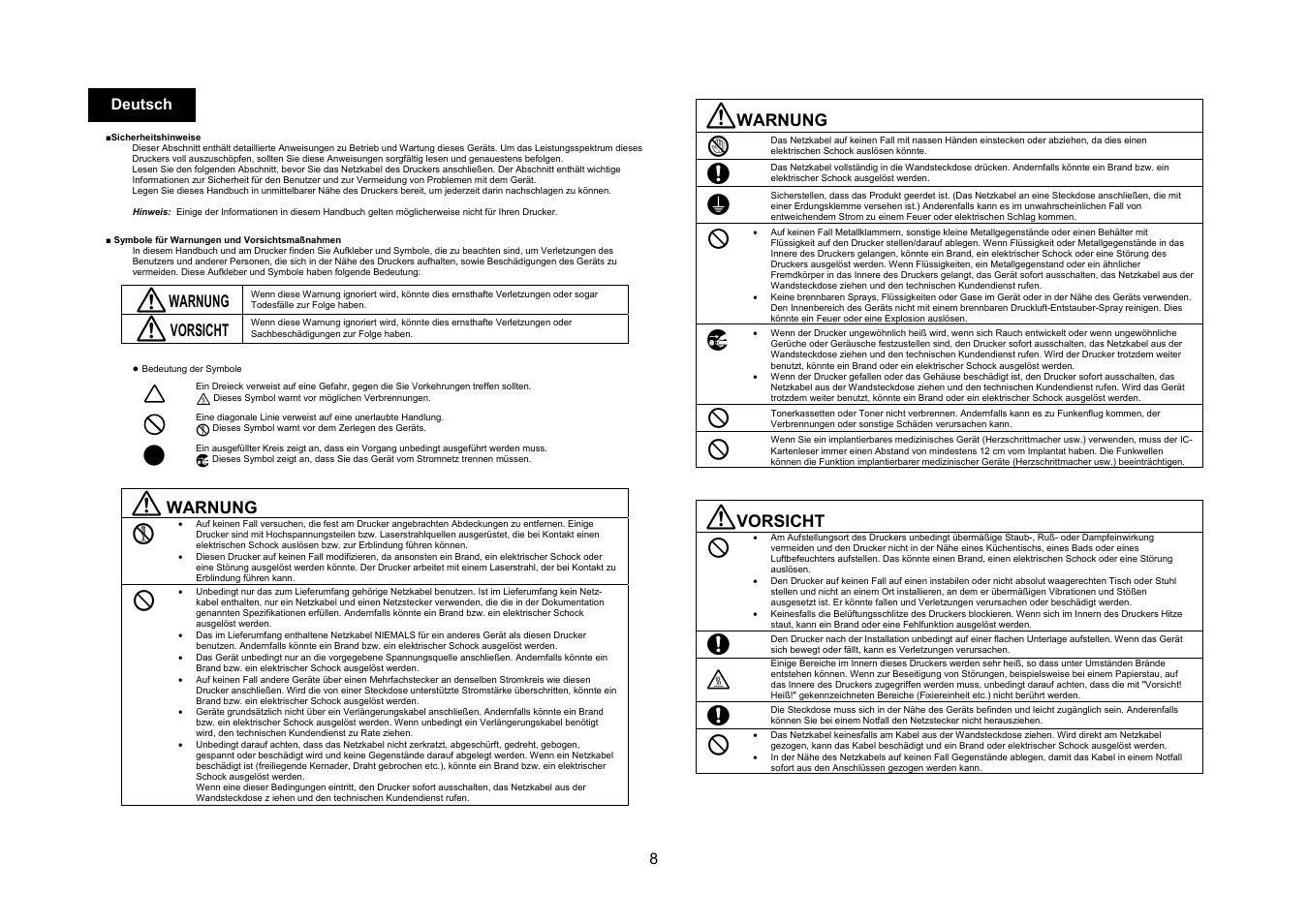 Warnung, Vorsicht, 8 deutsch | Konica Minolta bizhub 4050 User Manual | Page 9 / 67