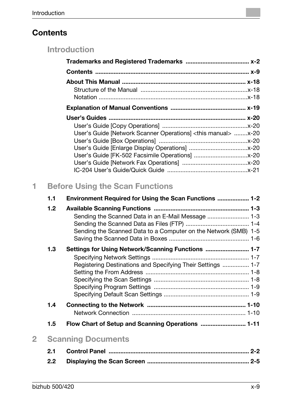 Contents introduction, 1before using the scan functions, 2scanning documents | Konica Minolta bizhub 500 User Manual | Page 10 / 412