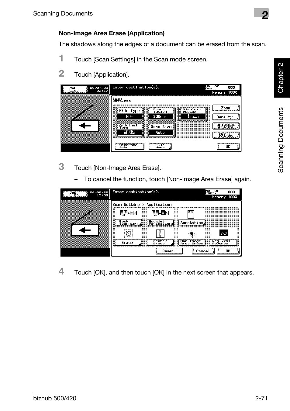 Non-image area erase (application) -71 | Konica Minolta bizhub 500 User Manual | Page 106 / 412