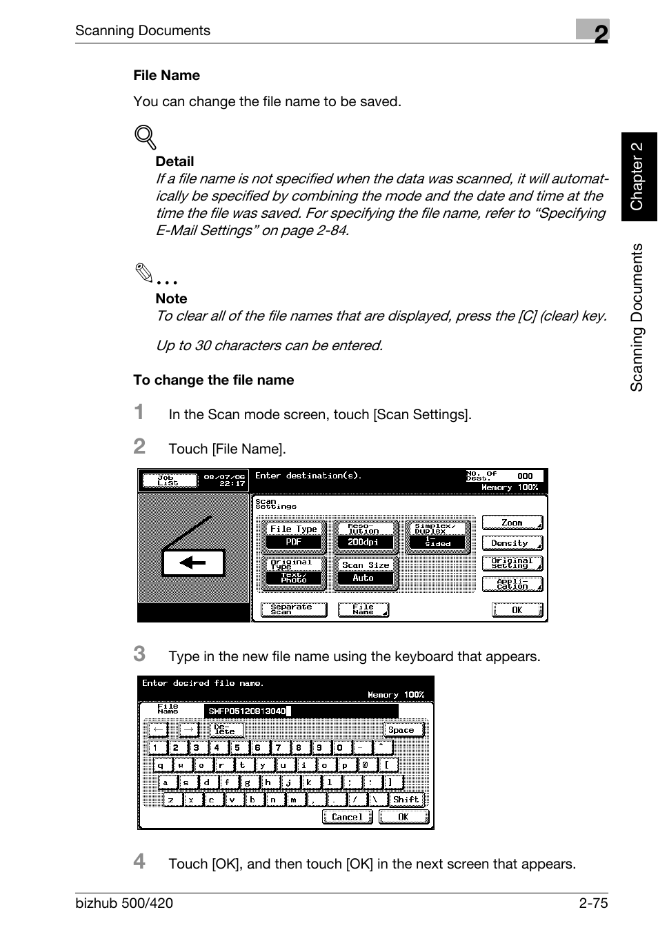 File name -75 to change the file name -75 | Konica Minolta bizhub 500 User Manual | Page 110 / 412