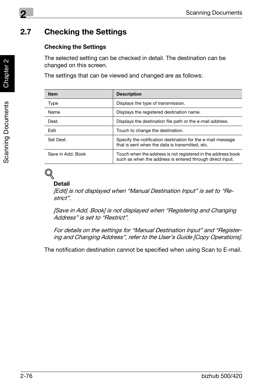 7 checking the settings, Checking the settings -76 | Konica Minolta bizhub 500 User Manual | Page 111 / 412