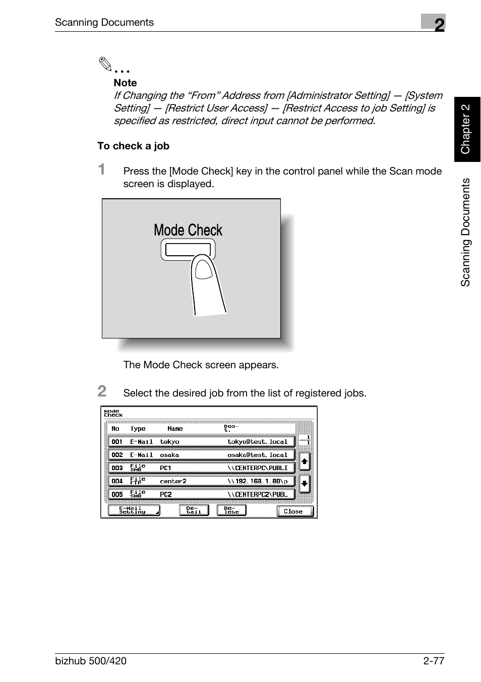 To check a job -77, Mode check | Konica Minolta bizhub 500 User Manual | Page 112 / 412