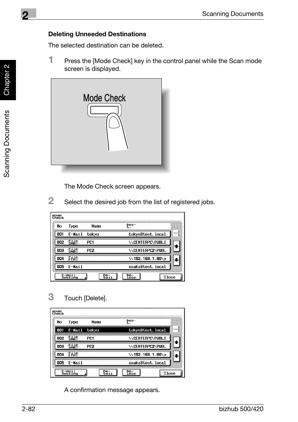 Deleting unneeded destinations -82, Mode check | Konica Minolta bizhub 500 User Manual | Page 117 / 412