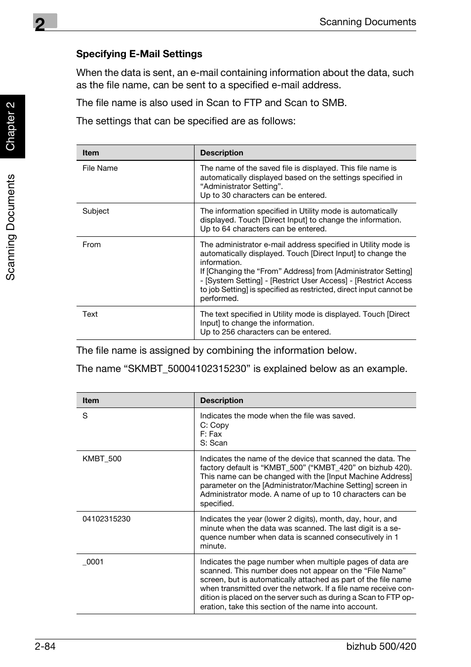 Specifying e-mail settings -84, Scan nin g do cu men ts chapter 2 | Konica Minolta bizhub 500 User Manual | Page 119 / 412