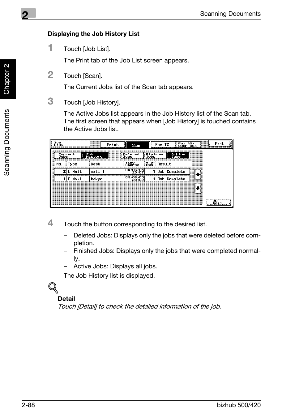 Displaying the job history list -88 | Konica Minolta bizhub 500 User Manual | Page 123 / 412