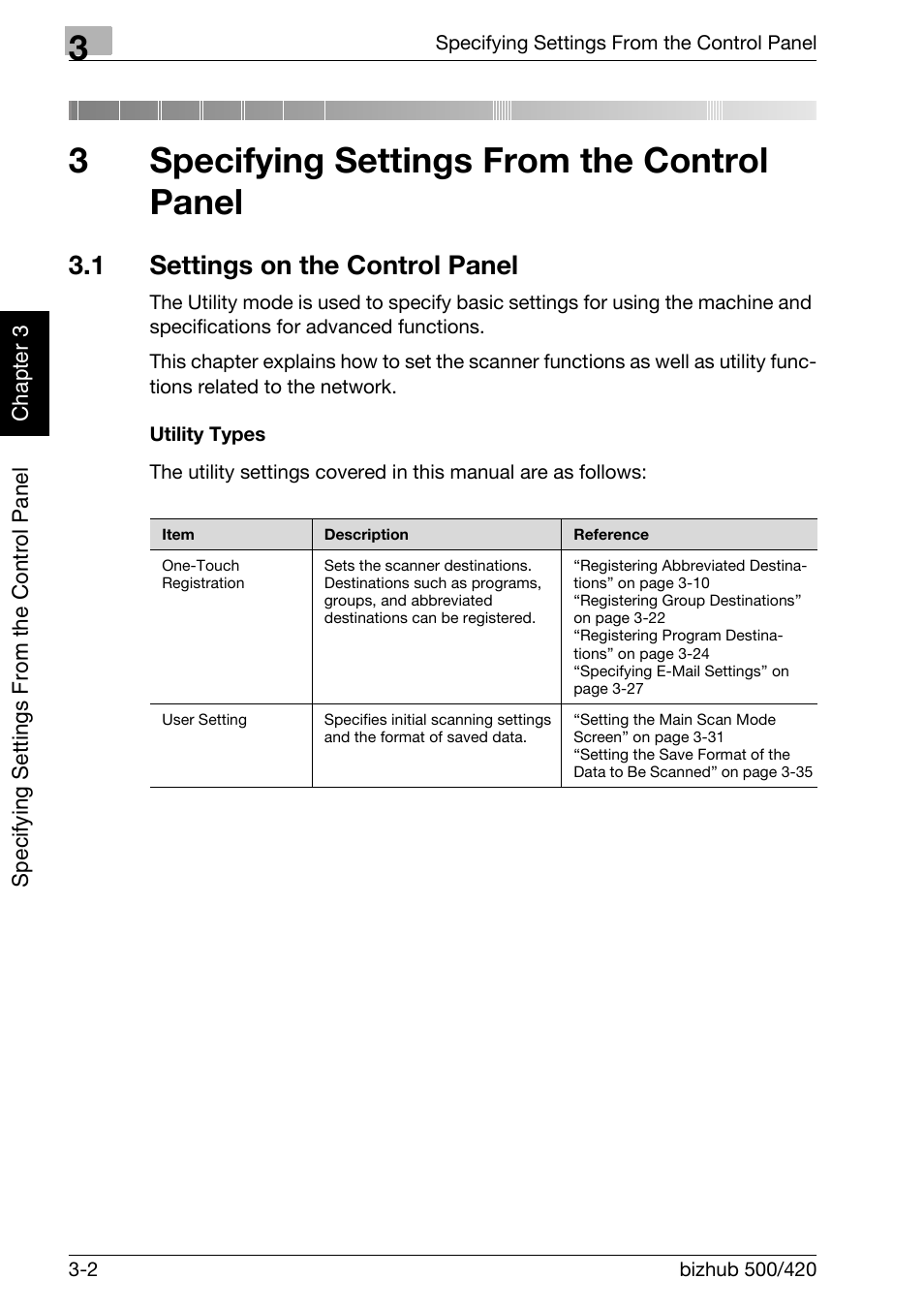 1 settings on the control panel, Specifying settings from the control panel, Settings on the control panel -2 | Utility types -2, 3specifying settings from the control panel | Konica Minolta bizhub 500 User Manual | Page 127 / 412