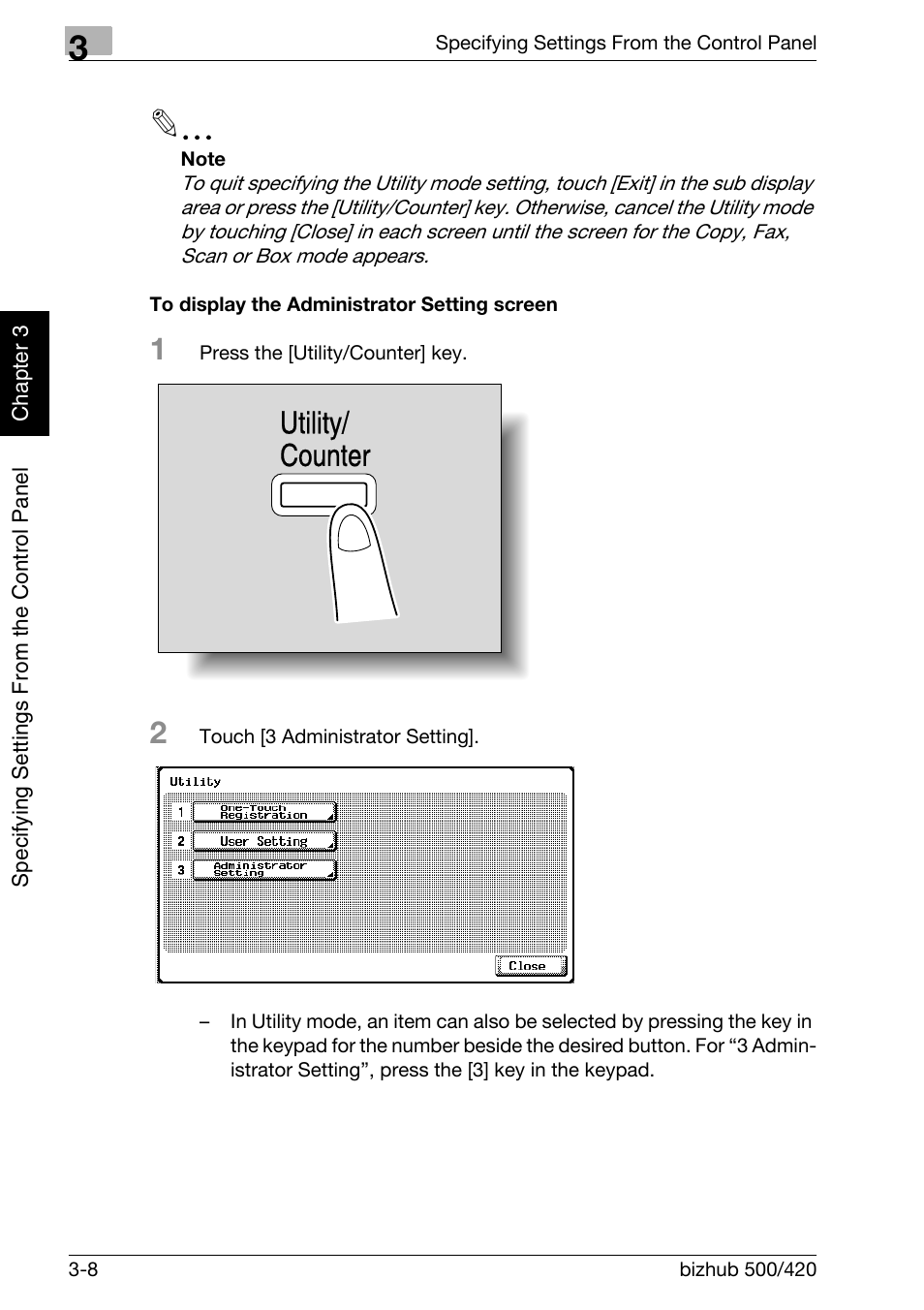 To display the administrator setting screen -8, Utility/ counter | Konica Minolta bizhub 500 User Manual | Page 133 / 412