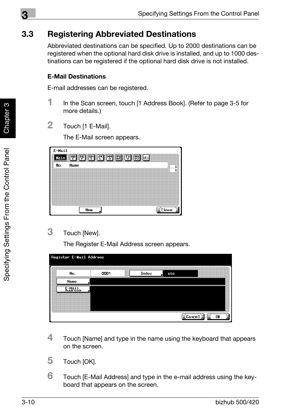 3 registering abbreviated destinations, Registering abbreviated destinations -10, E-mail destinations -10 | Konica Minolta bizhub 500 User Manual | Page 135 / 412