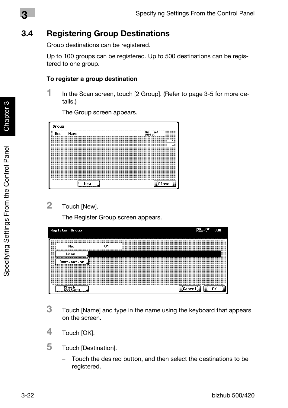 4 registering group destinations, Registering group destinations -22, To register a group destination -22 | Konica Minolta bizhub 500 User Manual | Page 147 / 412