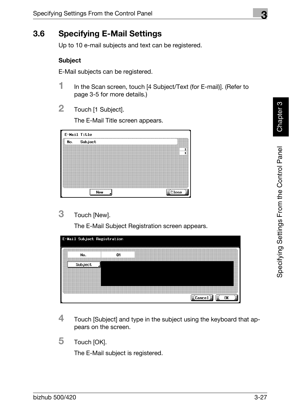 6 specifying e-mail settings, Specifying e-mail settings -27, Subject -27 | Konica Minolta bizhub 500 User Manual | Page 152 / 412