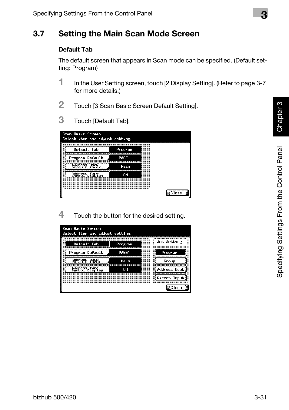 7 setting the main scan mode screen, Setting the main scan mode screen -31, Default tab -31 | Konica Minolta bizhub 500 User Manual | Page 156 / 412