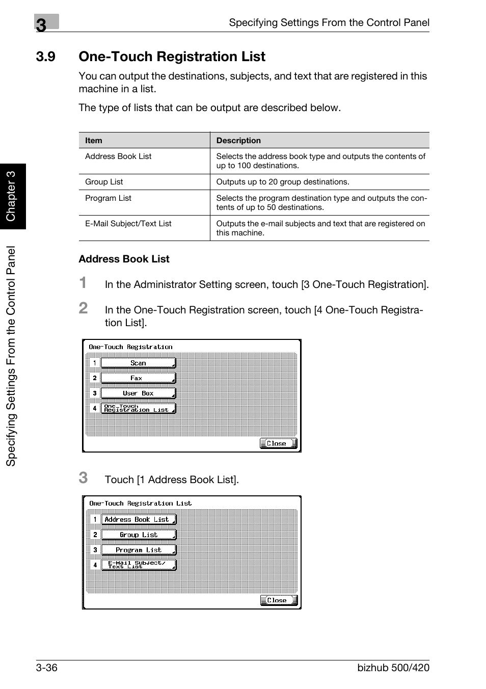 9 one-touch registration list, One-touch registration list -36, Address book list -36 | Konica Minolta bizhub 500 User Manual | Page 161 / 412