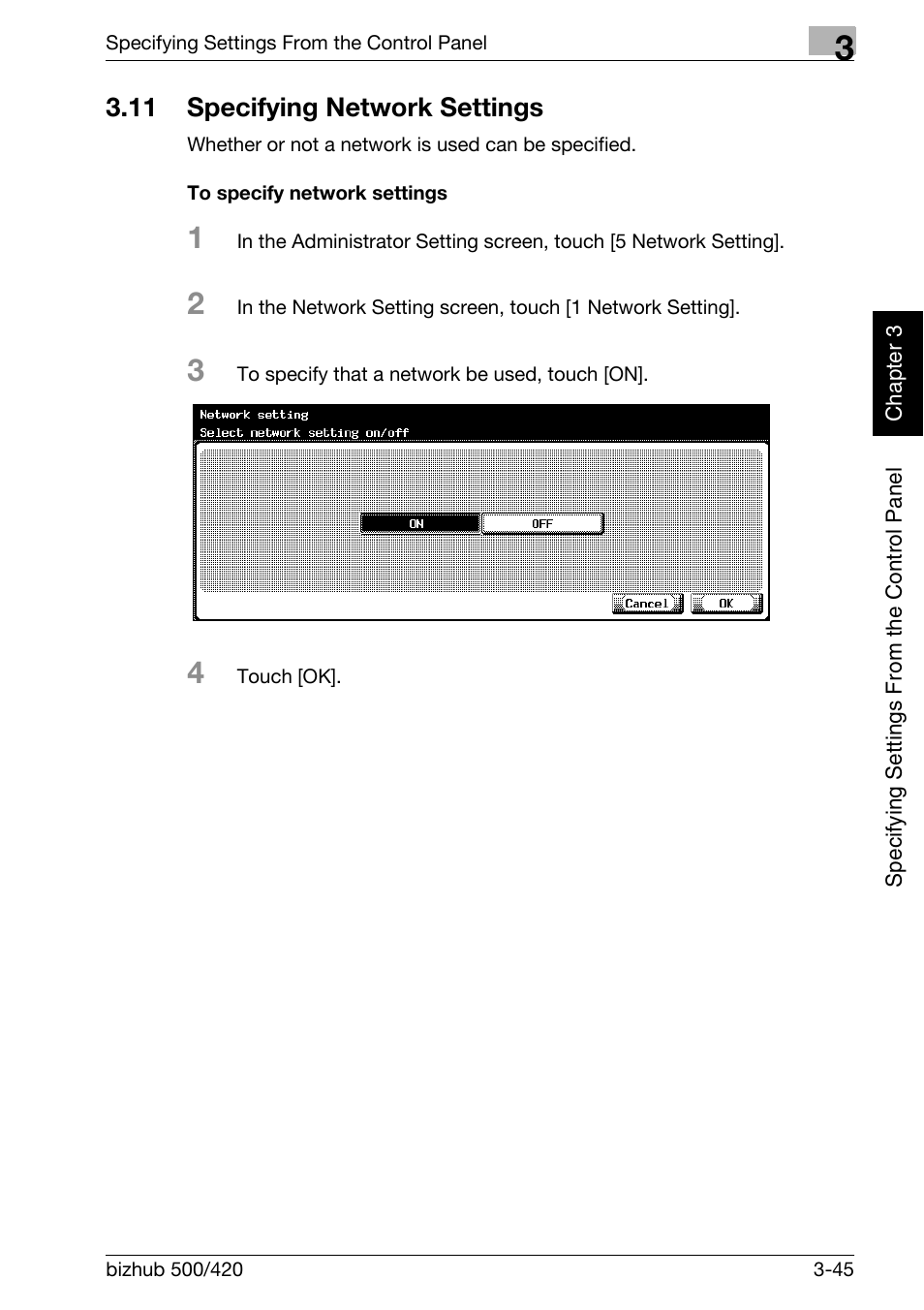 11 specifying network settings, Specifying network settings -45, To specify network settings -45 | Konica Minolta bizhub 500 User Manual | Page 170 / 412