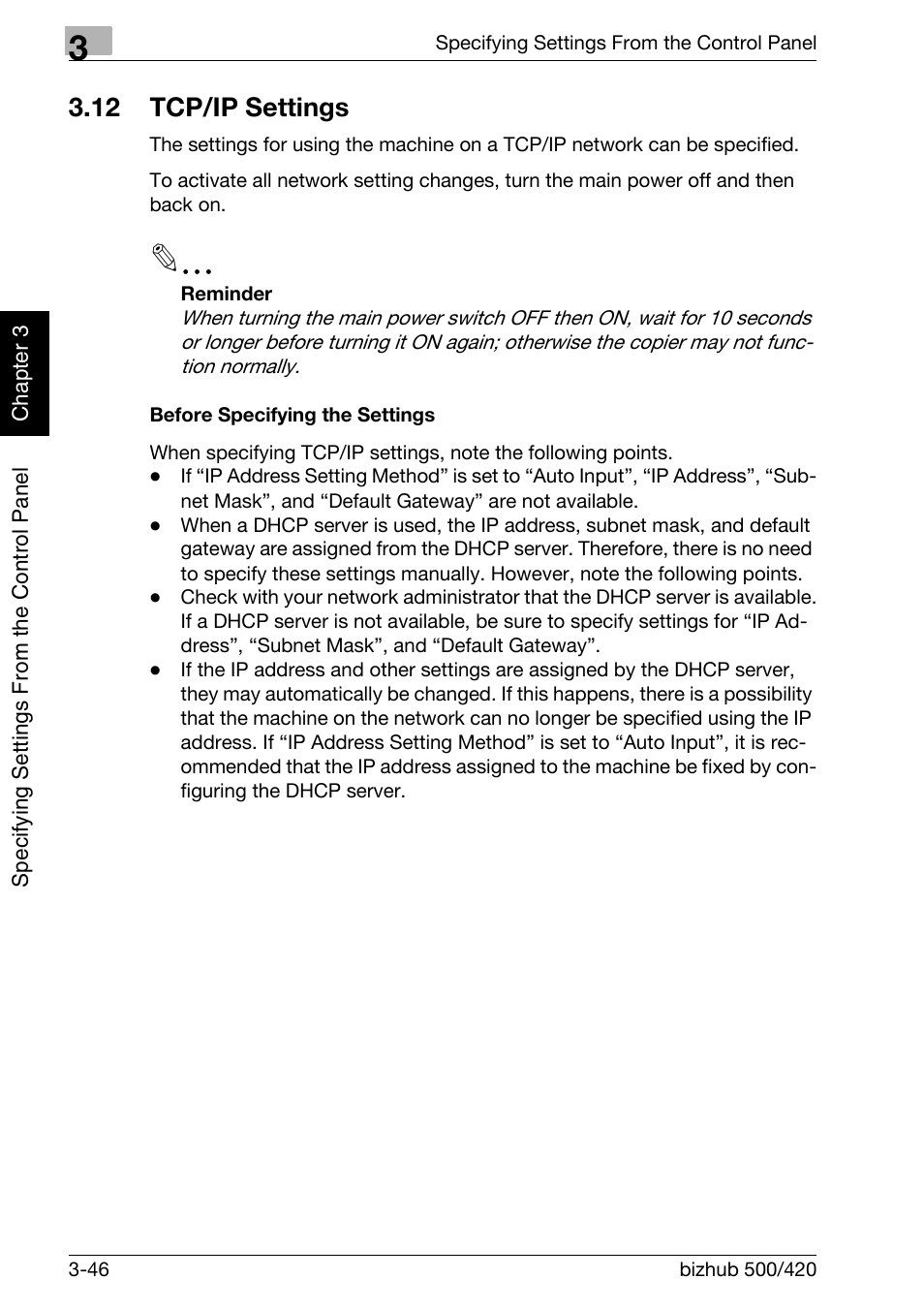 12 tcp/ip settings, Tcp/ip settings -46, Before specifying the settings -46 | Konica Minolta bizhub 500 User Manual | Page 171 / 412