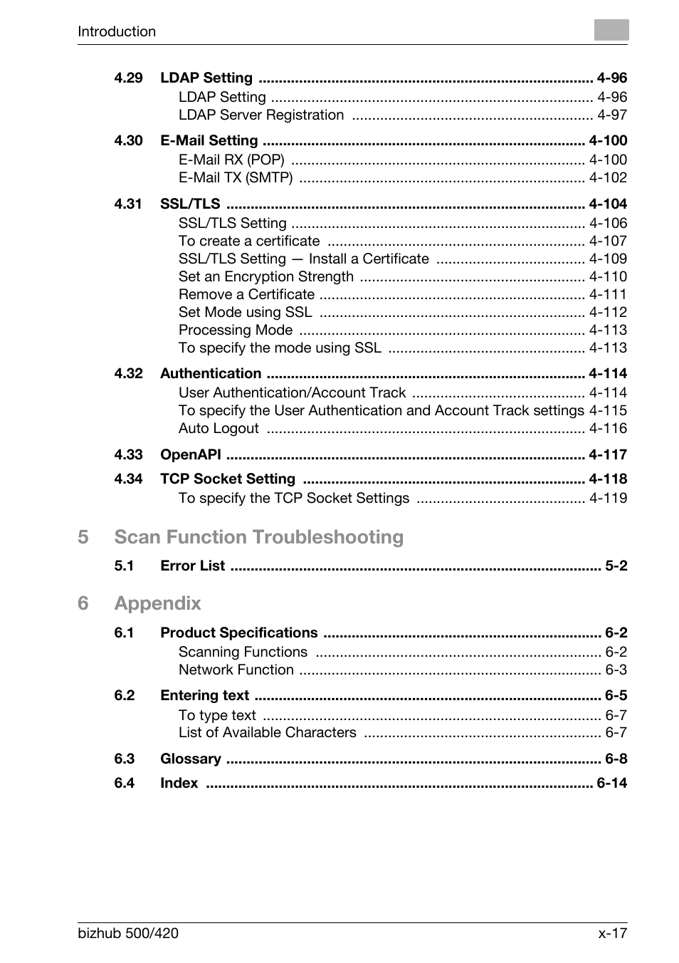 5scan function troubleshooting, 6appendix | Konica Minolta bizhub 500 User Manual | Page 18 / 412