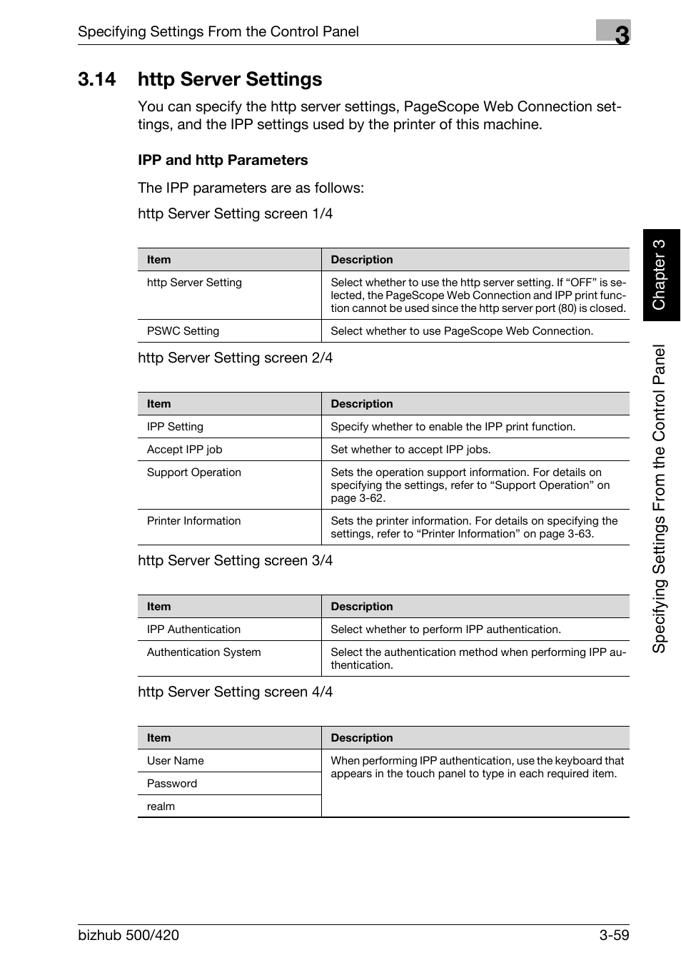 14 http server settings, Http server settings -59, Ipp and http parameters -59 | Konica Minolta bizhub 500 User Manual | Page 184 / 412